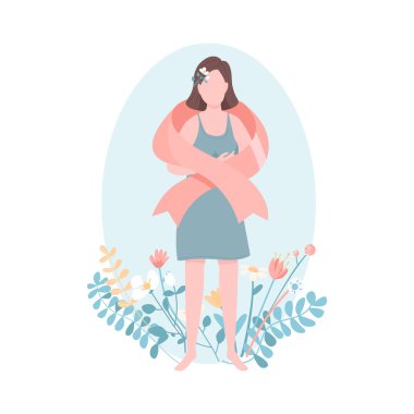 Göğüs kanseri kampanyası düz konsept vektör çizimi. Kız pembe kurdele takıyor. Hastalıktan kurtulan kadın web tasarımı için 2D çizgi film karakteri. Yaratıcı fikirleri bilinçlendirmek için sosyal hareket