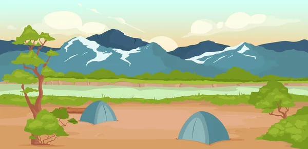 Illustration Vectorielle Terrain Camping Plat Bord Rivière Loisirs Dans Nature — Image vectorielle