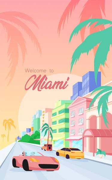 Affiche Des Rues Floride Modèle Vectoriel Plat Bienvenue Miami Phrase — Image vectorielle