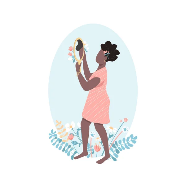 非洲女人自爱平面彩色矢量无脸的性格 积极的女性美 女人照镜子 用于网页平面设计和动画的自我接受的孤立卡通画 — 图库矢量图片