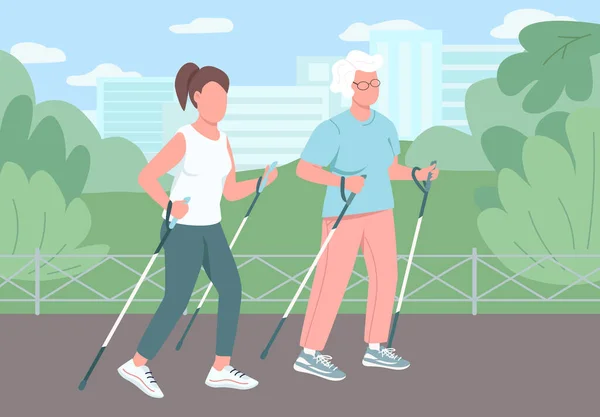 Sport walking flat color vector illustration. Different age women. Retired grandmother exercise in park. Lady workout outside. Female relatives 2D cartoon characters with landscape on background