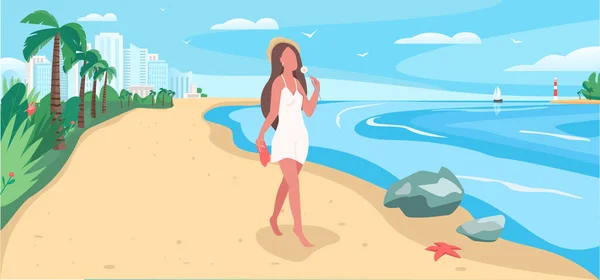 走在海滩上的平面彩色矢量图解 离大海很近的女人妇女的自我照顾 休憩用地 背景为夏威夷景观的女性游客2D卡通人物 — 图库矢量图片