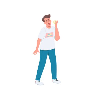 Kötü tat düz renk vektörü ayrıntılı karakter. Üzgün adam. Tiksintinin yüz ifadesi. Hoşnutsuz çocuk. Web grafik tasarımı ve animasyonu için ekşi limon izole çizgi film çizimi yemek