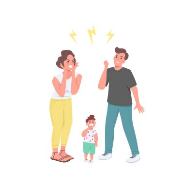 Tartışan ebeveynler düz renk vektörü ayrıntılı karakterler. Üzgün çocuklu evli bir çift. Karı koca bağırır. Web grafik tasarımı ve animasyonu için aile izole çizgi film illüstrasyonunda anlaşmazlık
