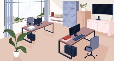 Eş zamanlı düz renk vektör çizimi. Modern açık uzay ofisi, rahat ofis 2D karikatür iç dizayn mobilya arka planda. Ortak kurumsal işyeri dekorasyonu