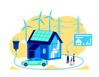 Akıllı ev düz konsept vektör çizimi. Ev teknolojisini tabletle izlemek. Eko enerji üretimi. Web tasarımı için kablosuz cihaz kontrol kullanıcısı 2D çizgi film karakterleri. Akıllı şebeke yaratıcı fikir