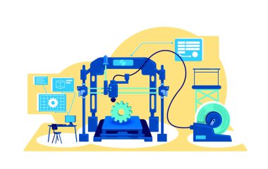 Üretim düz konsept vektör illüstrasyonunun otomatikleştirilmesi. Bilgiyi analiz et ve işleme al. Web tasarımı için dijital transsormasyon 2D karikatür çizimi. Sanayi fabrikası yaratıcı fikri