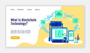 Blockchain teknolojisi iniş sayfası düz renk vektör şablonu. Kriptografi ana sayfa düzeni. Bitcoin cüzdan bir sayfa web sitesi arayüzü çizgi film illüstrasyonu ile. Şifreleme para birimi web pankartı, web sayfası