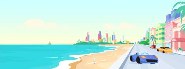 Miami plajı gündüz düz renk vektör illüstrasyonunda. Florida 'da yaz tatili. Deniz kenarı şehir tatili. Güney sahili panoramik manzara 2D karikatür arkaplanda ufuk çizgisi
