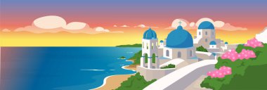 Santorini Adaları düz renk vektör çizimi. Yunanistan 'da mavi çatıları olan geleneksel beyaz binalar. Yunan mimari panoramik görünümü arka planda deniz manzaralı 2D çizgi film