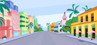 Küba 'daki yaşam düz renk vektör çizimi. Havana geleneksel renkli binalar. Amerika 'da yaz tatilleri. Küba eğlenceleri. Arka planda gökyüzü manzaralı 2D karikatür şehir manzarası.