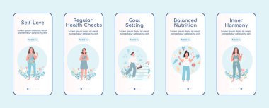 Mobil uygulama düz ekran vektör şablonunda kadınların ruh sağlığı. Kendini kabullenme. Karakterli web sitesi adımları. UX, UI, GUI akıllı telefon çizgi film arayüzü, dosya izleri