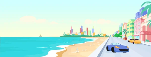 Μαϊάμι Παραλία Στην Ημέρα Επίπεδη Έγχρωμη Διανυσματική Απεικόνιση Καλοκαιρινές Διακοπές — Διανυσματικό Αρχείο