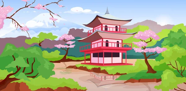 Japansk Pagoda Och Fuji Mount Platt Färg Vektor Illustration Traditionella — Stock vektor