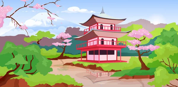 일본의 Pagoda Fuji Mount Flat Color Vector 일본의 전통적 신전들 — 스톡 벡터