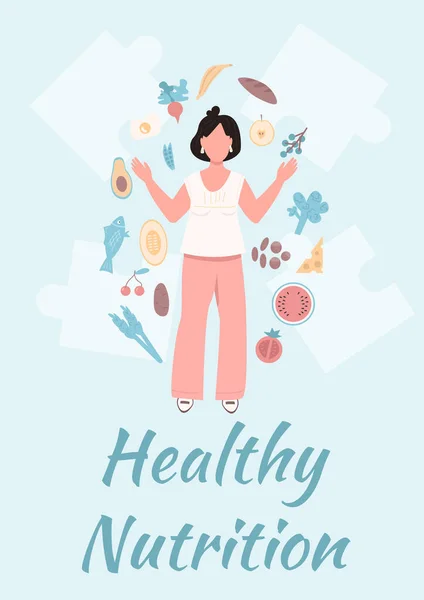 健康栄養ポスターフラットベクトルテンプレート バランスの取れた食べ物 女性の体の栄養 体重の損失 漫画のキャラクターとパンフレット 小冊子1ページのコンセプトデザイン 食事用チラシチラシチラシ — ストックベクタ