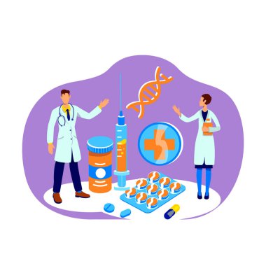 Medicine yassı konsept vektör çizimi. Tıbbi tedavi. Hastalık muayenesi. Klinik ilaçları. Doktor ve hemşire 2D çizgi film karakterleri web tasarımı için. Sağlık hizmetleri yaratıcı fikri