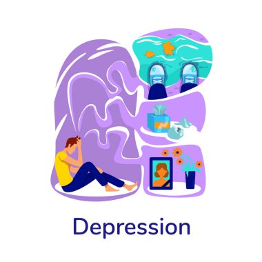 Zihinsel sağlık problemi düz konsept vektör çizimi. Yalnızlık ve keder. Depresyon ifadesi. Sorunlu adam web tasarımı için 2D çizgi film karakteri. Psikolojik tedavi yaratıcı fikir