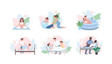 Doğum öncesi bakım düz renk vektörsüz karakter seti. Hamilelik yogası. Ebe ebeveyne yardım eder. Web grafik tasarımı ve animasyon koleksiyonu için alternatif doğum izole çizgi film çizimi