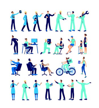 Endüstriyel çalışanlar düz renk vektörsüz karakter seti. Tamir için tamirci. Anne ve çocuk. Fabrika çalışanları web grafik tasarımı ve animasyon koleksiyonu için karikatür çizimlerini izole ettiler