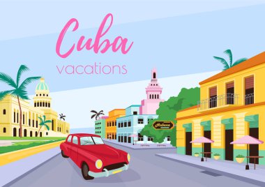 Havana manzara poster düz vektör şablonu. Küba tatili tabiri. Geleneksel mimari. Broşür, çizgi film nesneleri ile ilgili birinci sayfa konsept tasarımı. Seyahat acentesi broşürü, broşür.