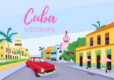 Havana landscape poster flat vector template. Cuba vacations phrase. Traditional architecture. Brochure, booklet one page concept design with cartoon objects. Travel agency flyer, leaflet clipart