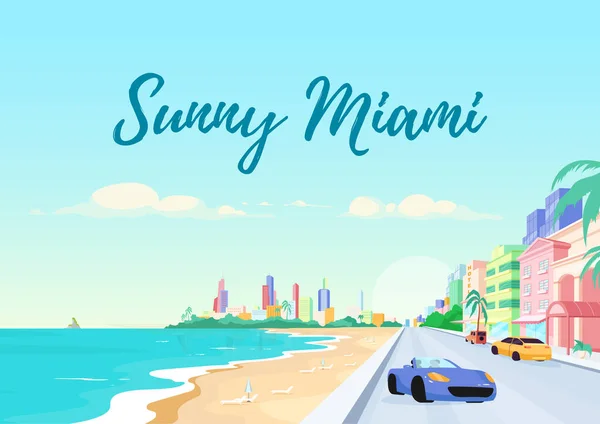 佛罗里达南部海滩海报平面矢量模板 阳光迈阿密的短语 小册子 一页的概念设计与漫画的对象 旅行社传单 — 图库矢量图片