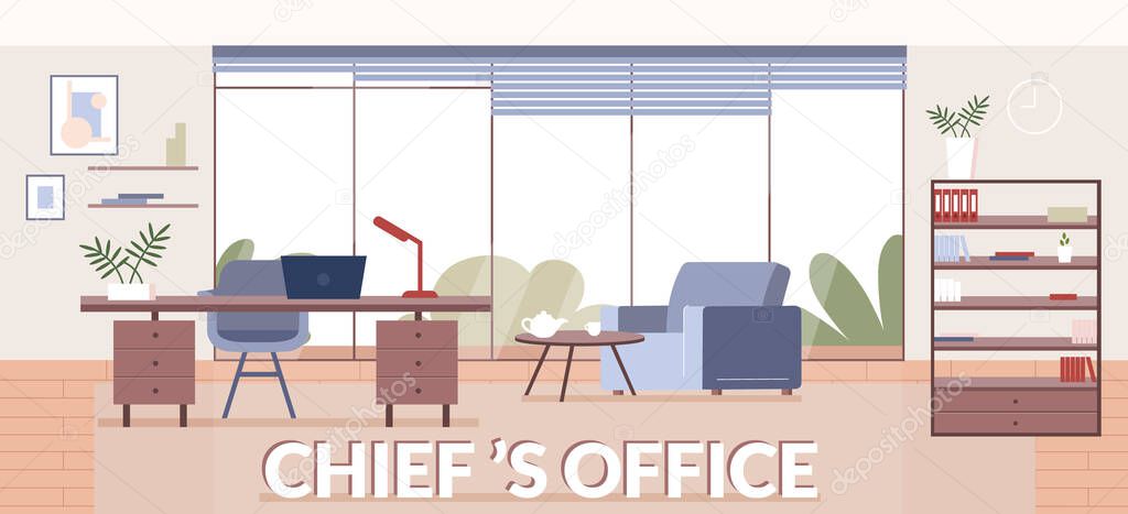 Chiefs office banner flat vector template. Interior design company, furniture store brochure, booklet one page concept design with cartoon illustrations. Freelance, home workplace flyer, leaflet