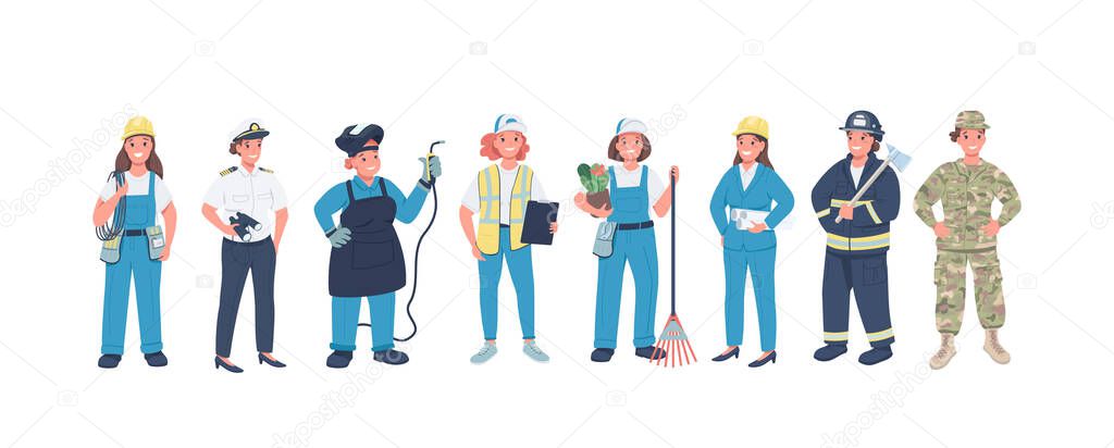 Woman occupations flat color vector detailed characters set. Hard working cheerful women. Non traditional female jobs isolated cartoon illustration for web graphic design and animation