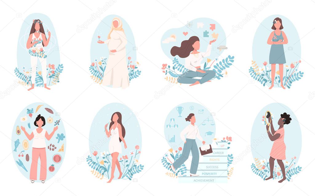 Women health flat color vector faceless character set. Mental wellbeing. Physical healthcare. Self love. Female wellness isolated cartoon illustration for web graphic design and animation collection