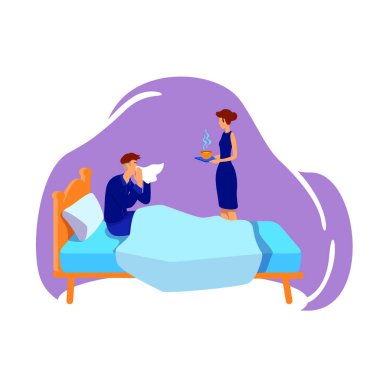 Hasta koca ve ilgili eş, düz renk, yüzü olmayan karakterler. Hasta adam yatakta dinleniyor. Grip enfeksiyonu. Hastalık tedavisi web grafik tasarımı ve animasyonu için izole çizgi film çizimi