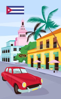 Havana poster düz şablonu içinde kırmızı vintage araba. Küba geleneksel renkli binalar. Broşür, çizgi film nesneleri ile ilgili birinci sayfa konsept tasarımı. Yaz tatili broşürü, broşür