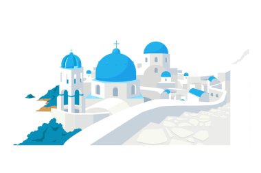 Santorini binaları düz renk vektör nesneleri. Mavi çatılı geleneksel Yunan beyaz evleri Avrupa kültürü web grafik tasarımı ve animasyonu için izole edilmiş karikatür çizimleri