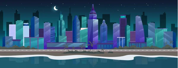 Nacht Stadt Flache Farbvektor Illustration Skyline Meer Nächtliche Cartoon Stadtlandschaft — Stockvektor