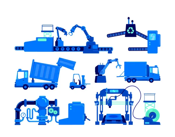 Produktionsanlagen Flachfarbvektorobjektsatz Förderband Für Die Herstellung Industriemaschinen Isolierte Cartoon Illustration — Stockvektor