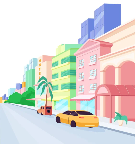 마이애미 거리의 플로리다의 건축과 현대적 건물과 승용차 그래픽 디자인과 — 스톡 벡터