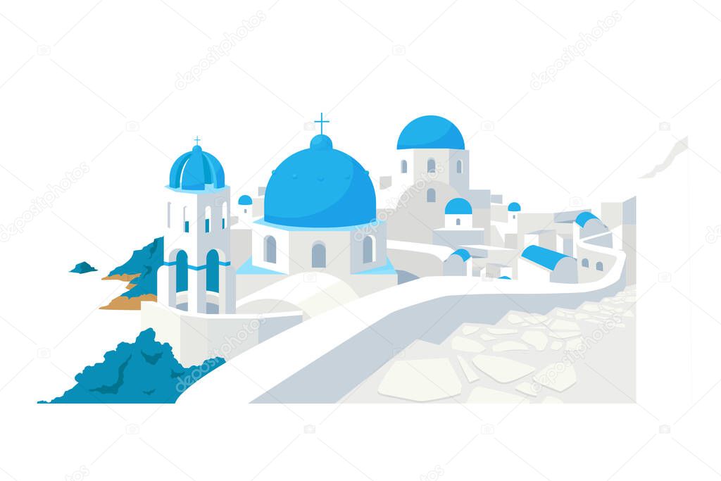 Santorini buildings flat color vector object. Traditional Greek white houses with blue roofs European culture isolated cartoon illustration for web graphic design and animation