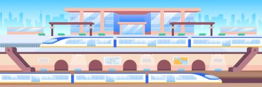 Tren istasyonu düz renk vektör çizimi. Arka planında ufuk çizgisi olan modern megapolis 2D karikatür şehir manzarası. Demiryolu taşımacılığı, şehir yolculuğu. Şehir içi ekspres, metro trenleri