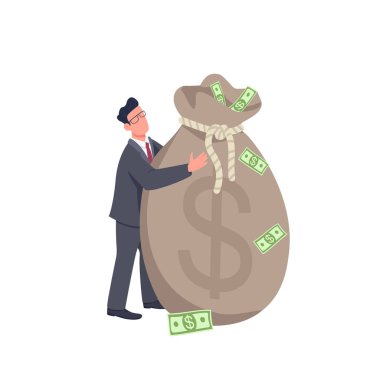 Büyük para çantalı bir iş adamı düz konsept vektör çizimi tutuyor. Finansal başarı. Adam ayakta duruyor ve web tasarımı için kocaman para çantası 2D çizgi film karakterine sarılıyor. İş meleği yaratıcı fikir
