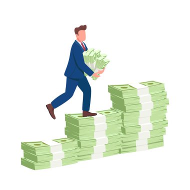 Para basamaklarını tırmanan adam düz konsept vektör çizimi. Başarılı bir iş adamı, web tasarımı için elinde bir yığın para tutarken 2D çizgi film karakteri tutuyor. Finansal başarı yaratıcı fikir