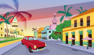 Havana manzarası düz renk vektör çizimi. Geleneksel renkli binaları ve retro arabasıyla Küba sokak manzarası. Arka planda tropikal palmiyeler olan 2D karikatür şehir manzarası