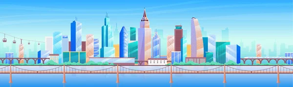Stadt Skyline Flache Farbvektorillustration Moderne Großstadt Cartoon Stadtlandschaft Mit Wolkenkratzern — Stockvektor