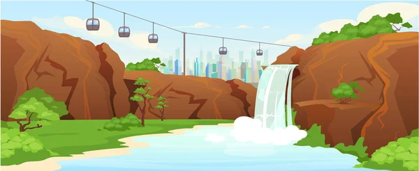 Illustrazione Vettoriale Colori Piatta Del Parco Urbano Cascata Nel Parco — Vettoriale Stock