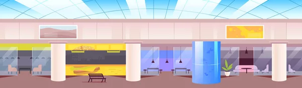 食品宫廷平面彩色矢量插图 商场里的自助餐厅2D卡通片 背景为休闲区 娱乐中心大厅 有空房间 现代露天咖啡馆 — 图库矢量图片