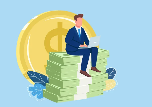 Successful Employee Sitting Pile Money Flat Concept Vector Illustration Person — Stock Vector