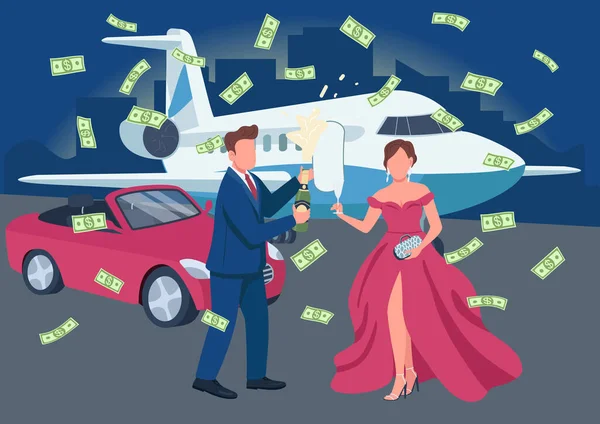富有的夫妇打开香槟酒瓶扁平的颜色矢量插图 钱飞来飞去 富有的人们以交通和城市景观为背景庆祝2D卡通人物 — 图库矢量图片