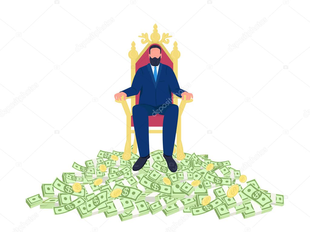 Successful businessman sitting on throne flat concept vector illustration. Man sitting in chair on pile of money 2D cartoon character for web design. Rich and ambitious person creative idea