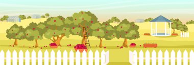 Apple Garden düz renk vektör çizimi. Boş meyve bahçesi 2D karikatür manzarası. Arka planda çardak ve seralar var. Mevsimlik meyve hasadı. Elma ağaçları ve sepetlerle dolu akşam tarlası