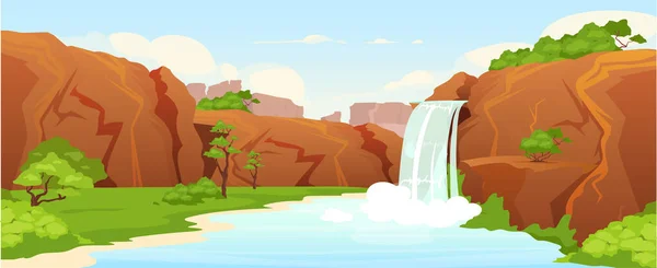 Прекрасна Оаза Плоского Кольору Векторні Ілюстрації Природний Водоспад Парк Мультяшний — стоковий вектор