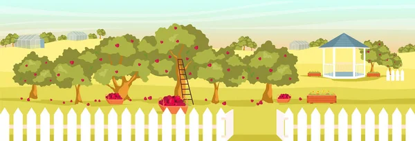 苹果花园平面彩色矢量插图 空旷的果园二维卡通画景观与凉亭和温室为背景 季节性水果收获 有苹果树和篮子的夜场 — 图库矢量图片